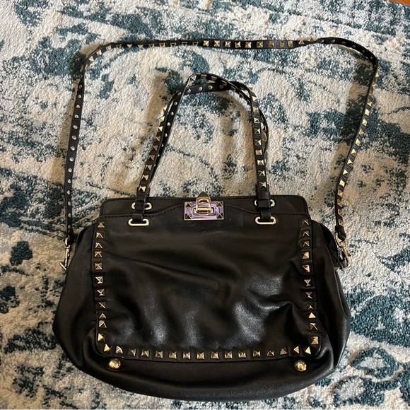Valentino Rockstud Leather Crossbody Tote Handbag Purse, Black w/ Metallic Studs - Picture 4 of 16